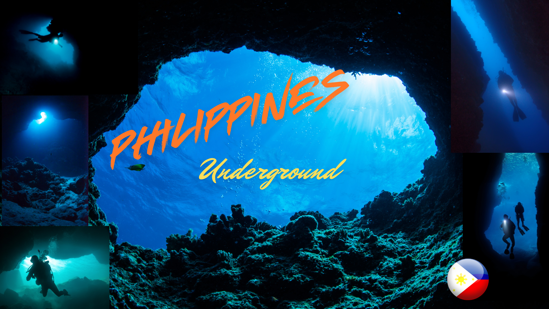 Philippines underground cave diving collage with divers in blue cave water