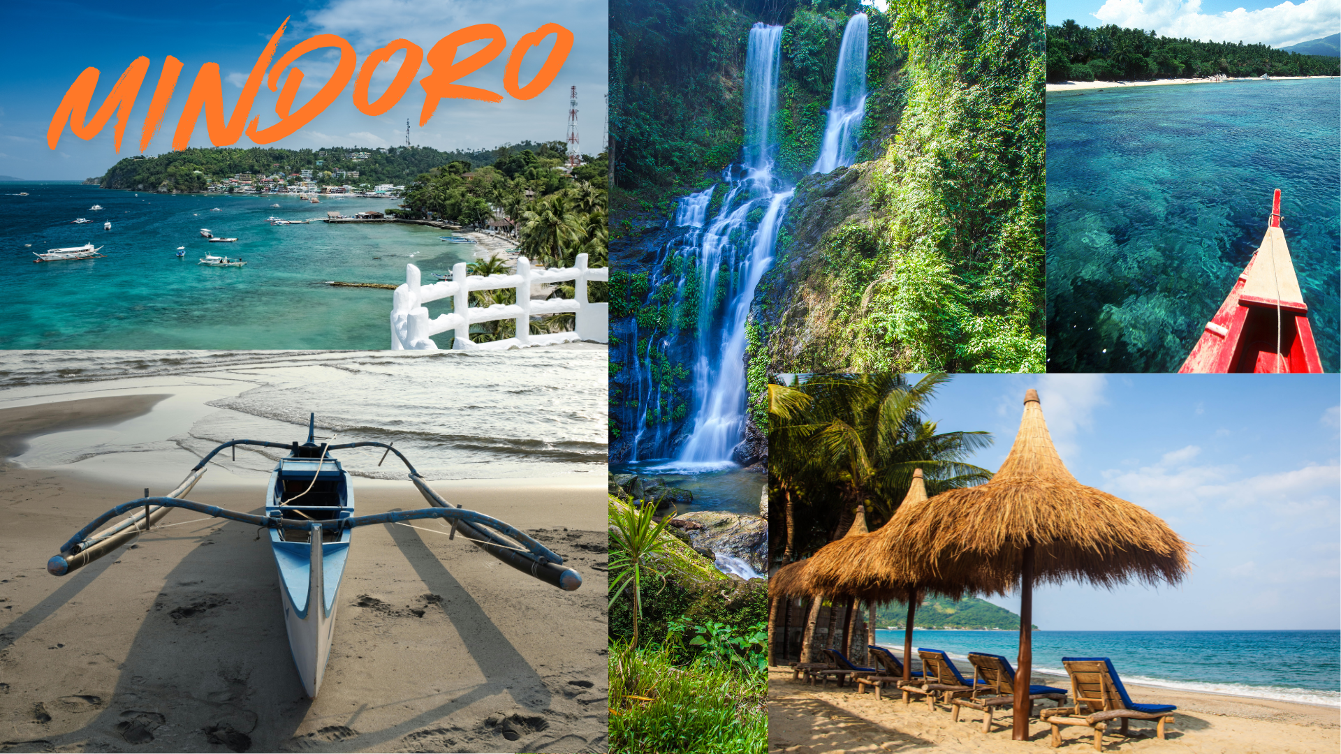 Mindoro collage for Dive Philippines showing coastlines, waterfalls and tropical beach scenes