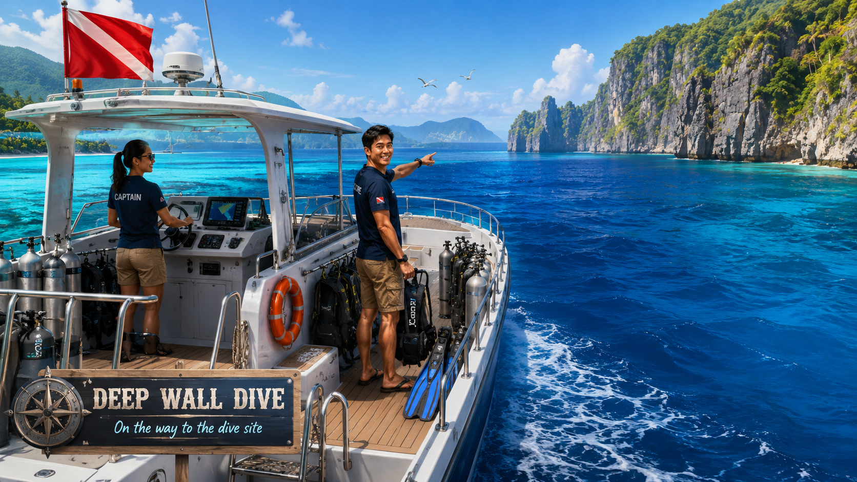 Dive boat heading to a deep wall dive site in the Scuba Adventure Game