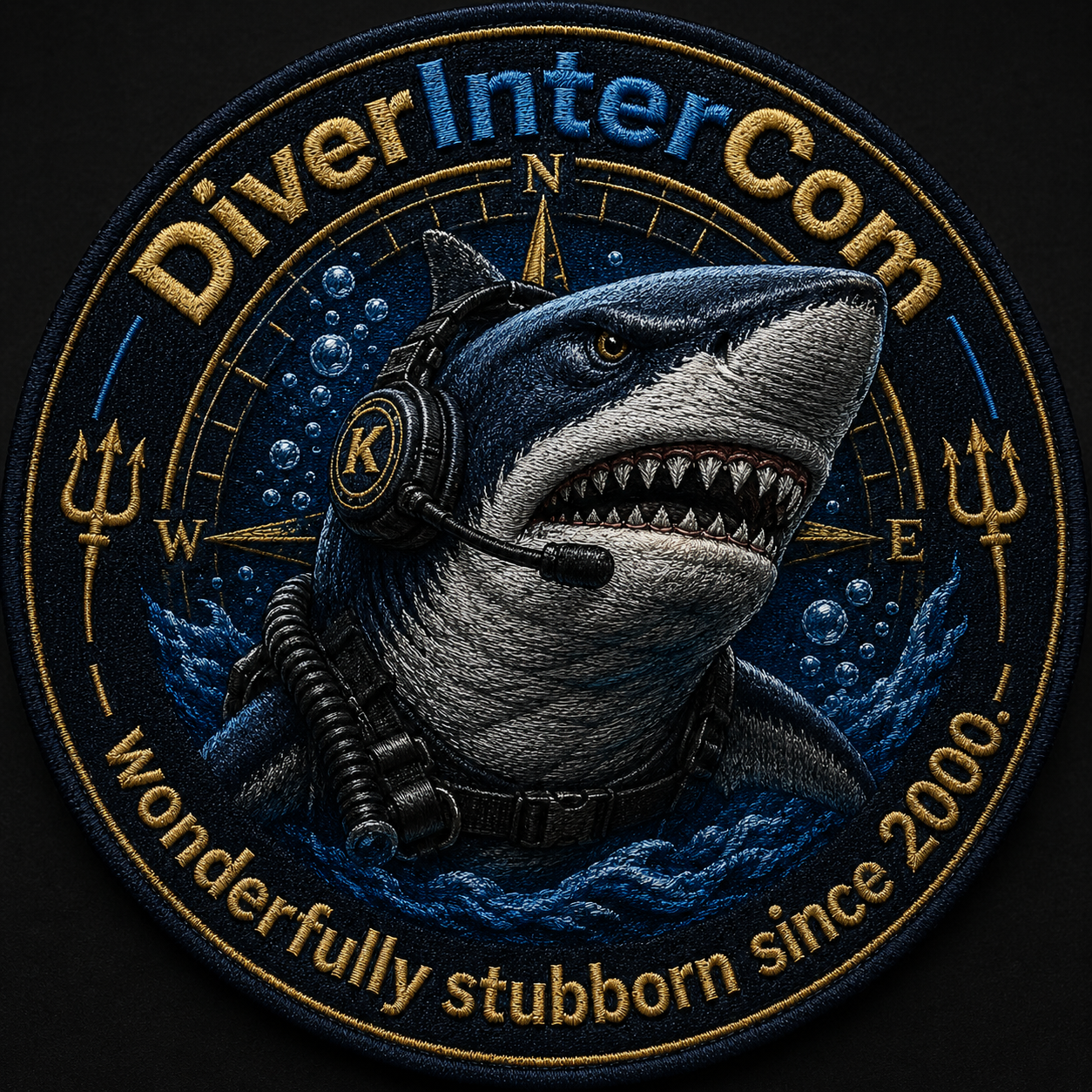 DiverInterCom Wonderfully Stubborn Since 2000 embroidered shark morale patch artwork