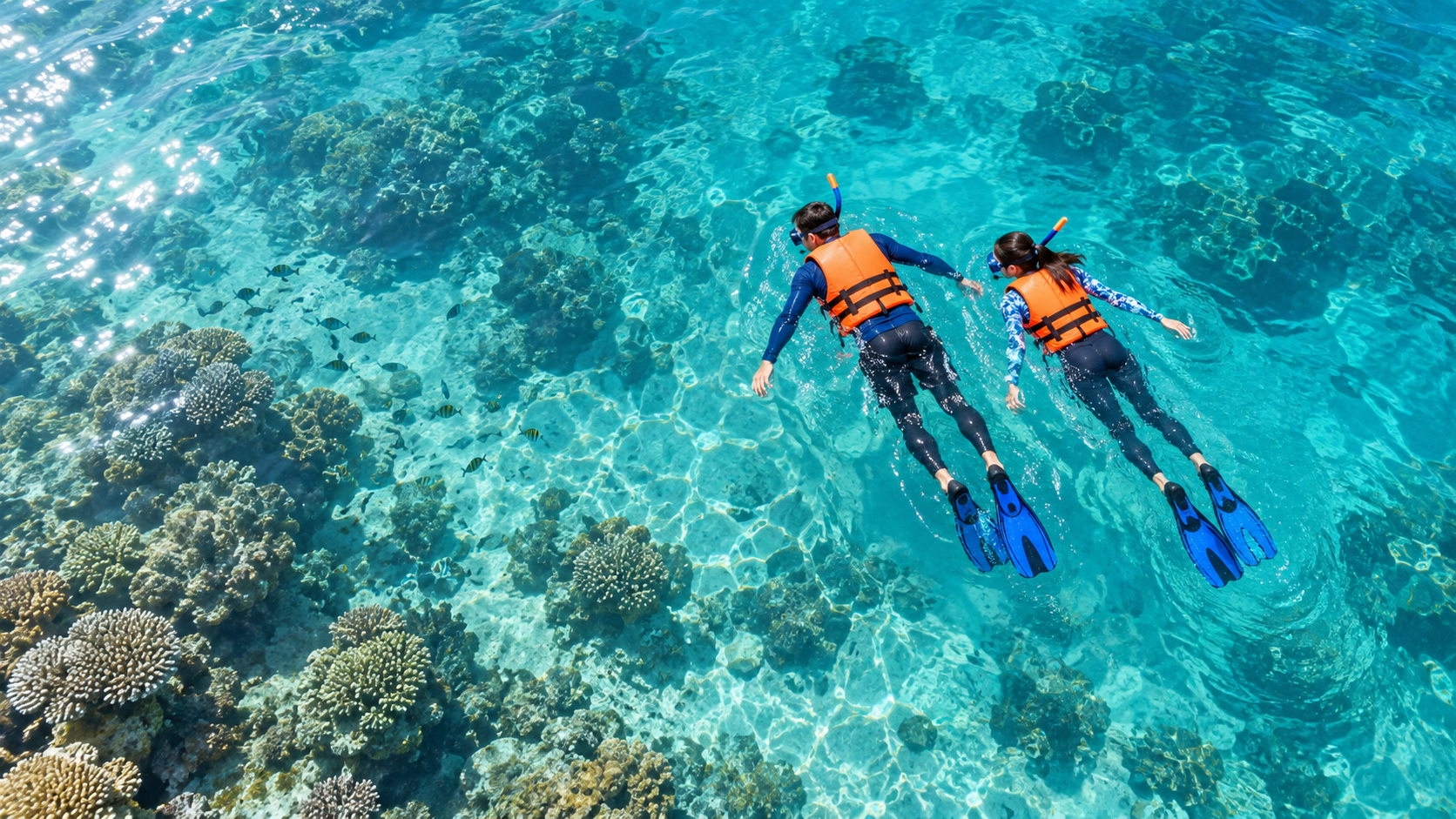Two snorkelers floating above a clear tropical reef from a drone perspective