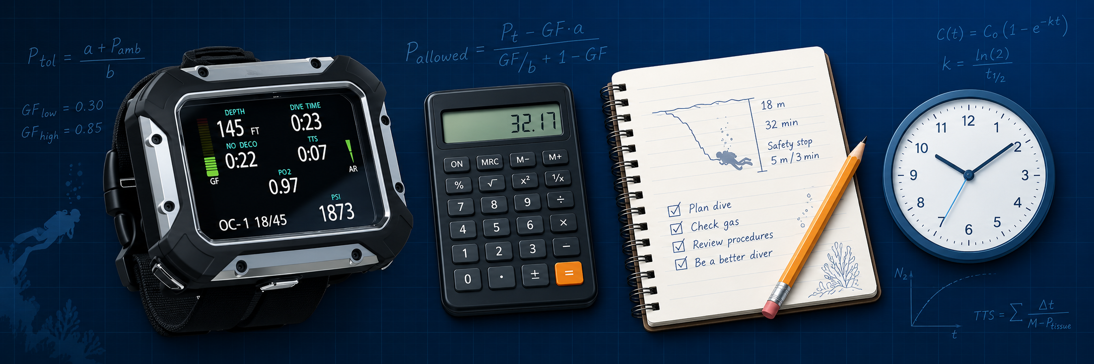 Dive-planning study banner with dive computer, calculator, notebook, pencil and clock