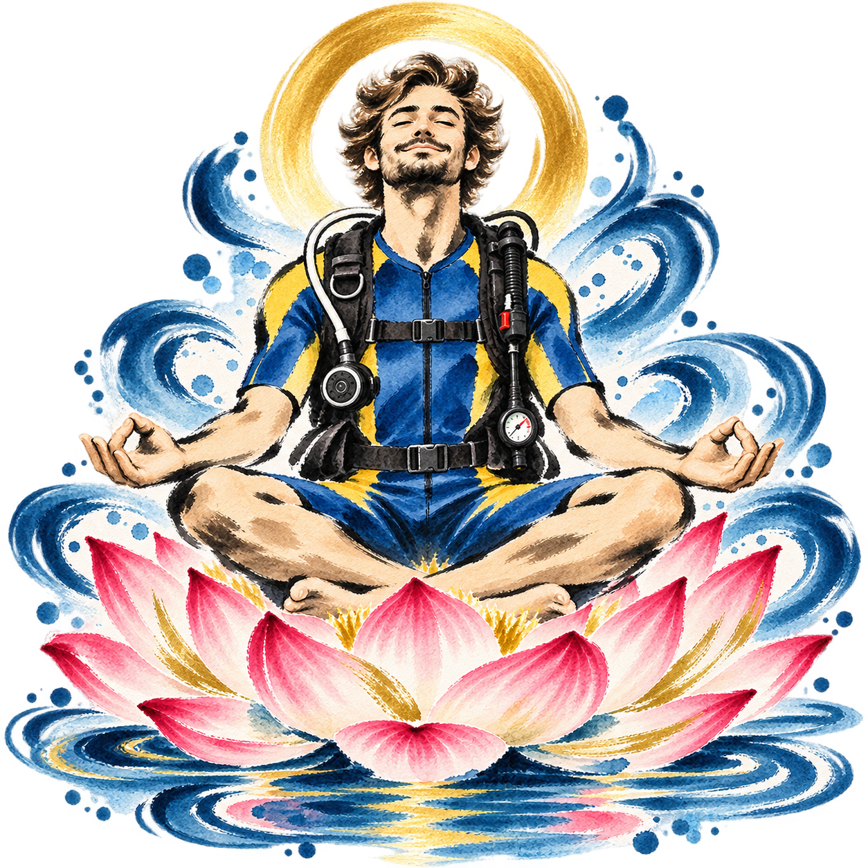 Zen Dive watercolor artwork of a meditating scuba diver on a lotus flower