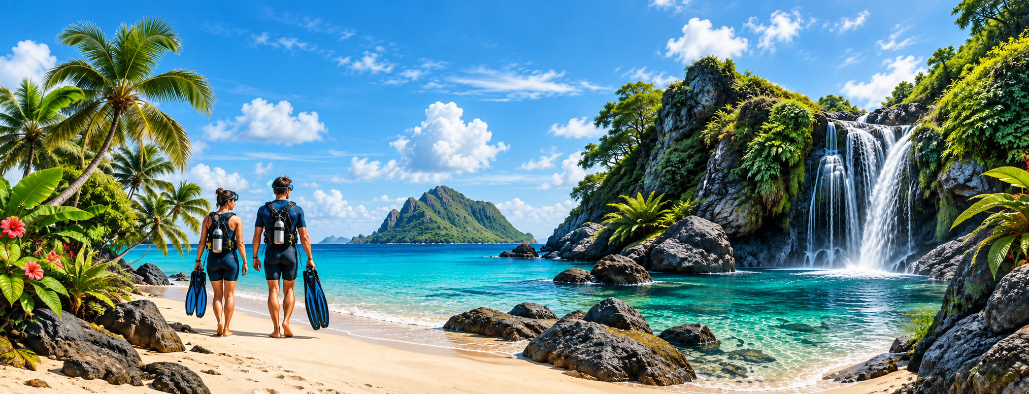 Zen Dive tropical beach, calm blue water and waterfall pool